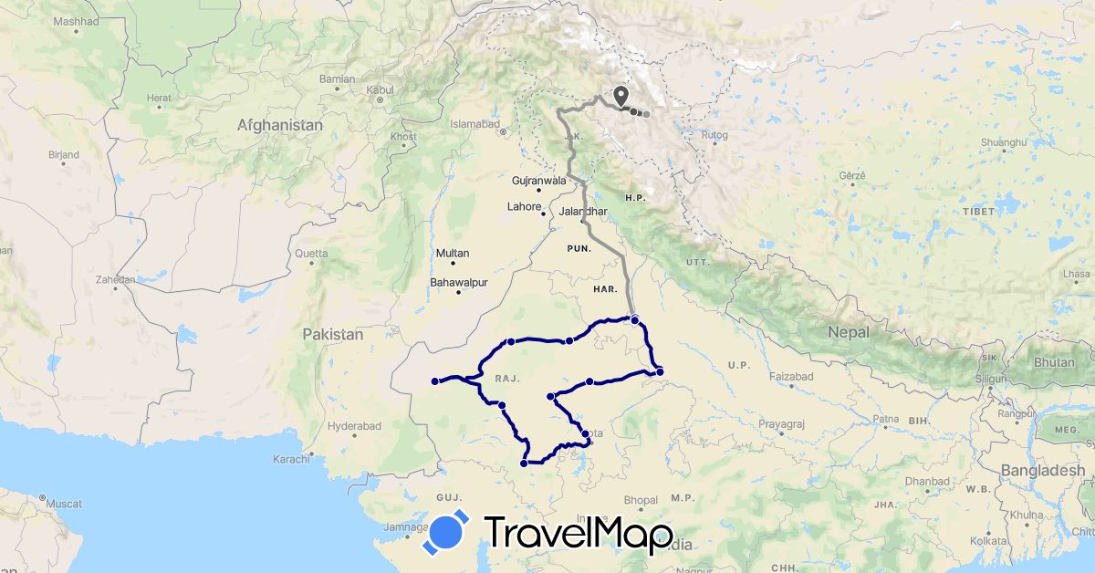 TravelMap itinerary: driving, plane, motorbike in India (Asia)